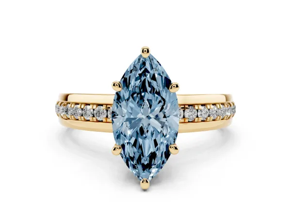 Fancy Blue Marquise Cut Solitaire Diamond Ring with Channel Set Band and Six-Prong Setting Yellow gold