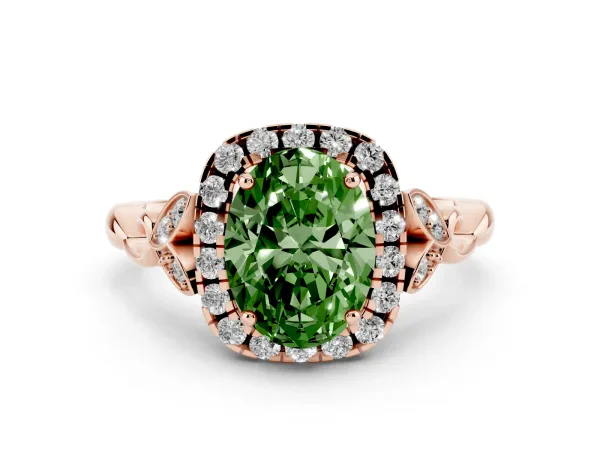 Fancy Green Oval Cut Halo Diamond Engagement Ring with Vintage-Inspired Band and Four-Prong Setting Rose gold