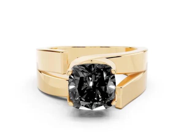 Fancy Black Modern Tension Set Cushion Cut Diamond Solitaire Wide Band Ring Yellow gold