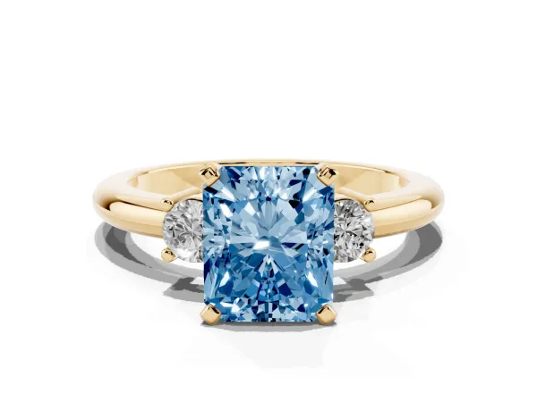 Fancy Blue Three-Stone Radiant Cut Cut Diamond Solitaire with Prong Setting and Classic Band Yellow gold