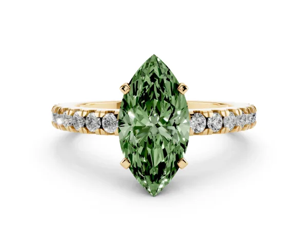 Fancy Green Marquise Cut Solitaire Diamond with Pavé Band and Four-Prong Setting Yellow gold