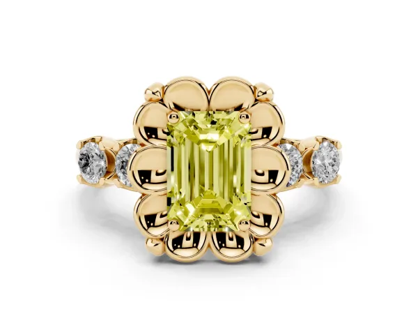 Fancy Yellow Emerald Cut Cut Diamond Floral Halo Engagement Ring with Shared Prong Setting Yellow gold