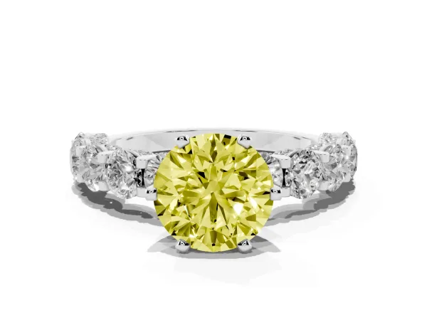 Fancy Yellow Round Cut Diamond Side Stone Engagement Ring with Four-Prong Setting Platinum
