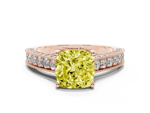 Fancy Yellow Cushion Cut Cut Diamond Solitaire Ring with Milgrain Pave Band and Four Prong Setting Rose gold
