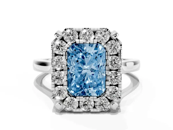 Fancy Blue Radiant Cut Diamond Cluster Halo Solitaire with Four-Prong Setting Platinum