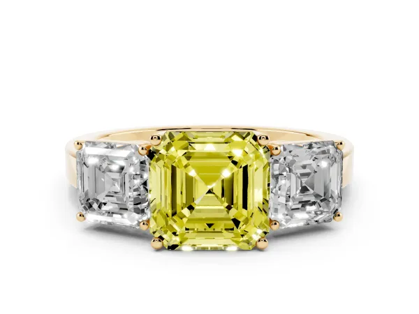 Fancy Yellow Three-Stone Asscher Cut Cut Diamond Engagement Ring with Flat Band and Four-Prong Setting Yellow gold