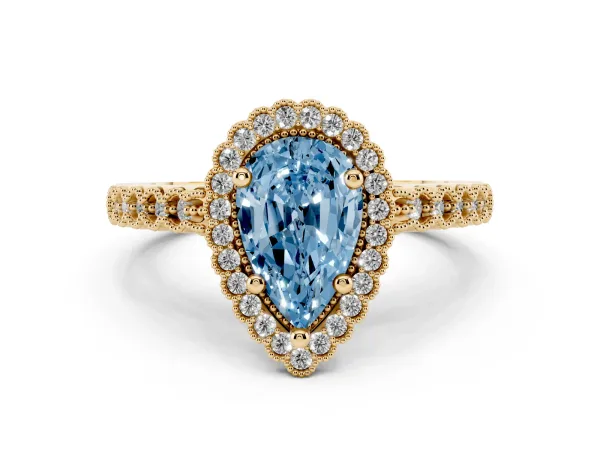 Fancy Blue Pear Cut Cut Halo Pavé Solitaire Ring with Milgrain Band Yellow gold