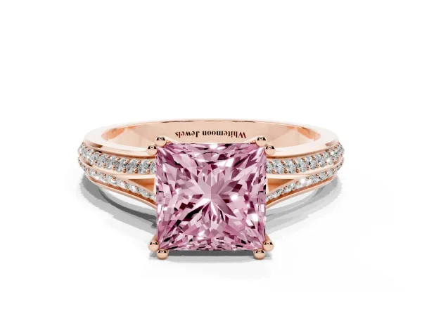 Fancy Pink Princess Cut Diamond Split Shank Engagement Ring with Pavé Band Rose gold