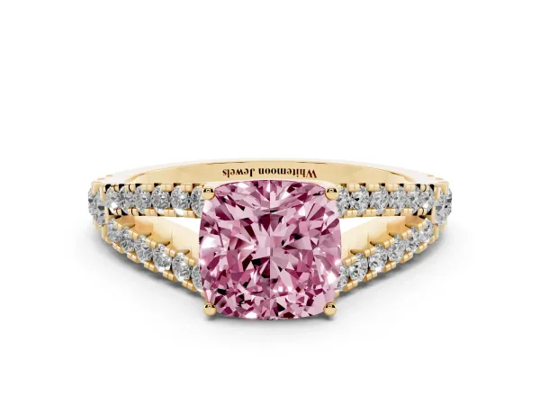 Fancy Pink Cushion Cut Diamond Split Shank Engagement Ring with Round Pavé and Prong Setting Yellow gold