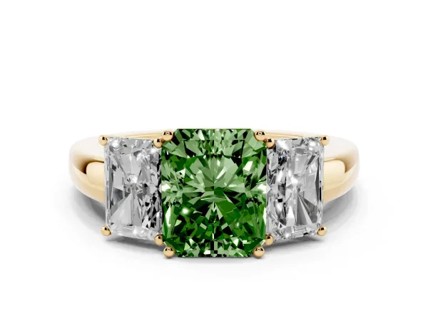 Fancy Green Radiant Cut Diamond Three-Stone Ring with Four-Prong Setting and Classic Band Yellow gold