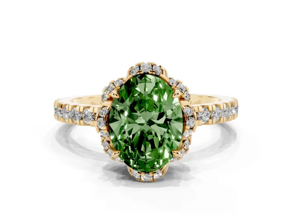Fancy Green Oval Cut Diamond Halo Pave Band with Four-Prong Setting Yellow gold