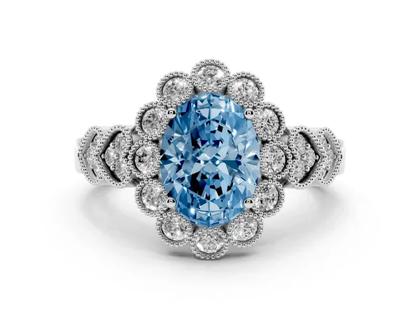 Fancy Blue Oval Cut Brilliant Milgrain Pave Heart Band Solitaire Ring Platinum