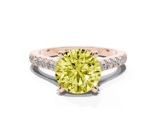 Fancy Yellow Round Cut Brilliant Diamond Solitaire with Pavé Band and Four-Prong Setting Rose gold