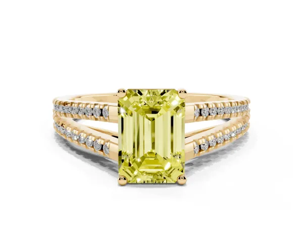 Fancy Yellow Emerald Cut Diamond Solitaire Engagement Ring with Split Shank Pavé Band Yellow gold
