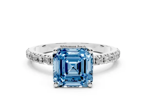 Fancy Blue Asscher Cut Cut Diamond Solitaire Ring with Micro Pave Band and Four Prong Setting White gold