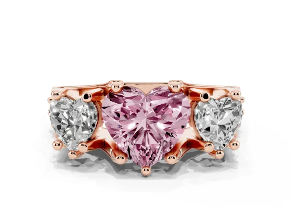 Fancy Pink Heart Cut Diamond Three-Stone Ring with Channel Set Band and Four-Prong Setting Rose gold