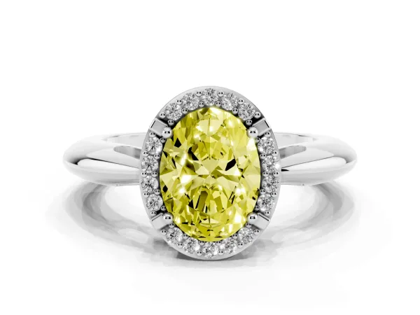 Fancy Yellow Oval Cut Cut Diamond Halo Engagement Ring with Split Shank and Four-Prong Setting Platinum