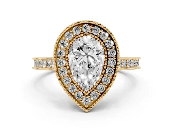 Halo Pear Cut-Cut Diamond Pave Band Milgrain Prong Setting Ring Yellow gold