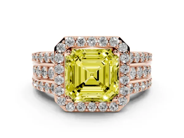 Fancy Yellow Asscher Cut Halo Diamond Ring with Round Split Shank and Prong Setting Rose gold
