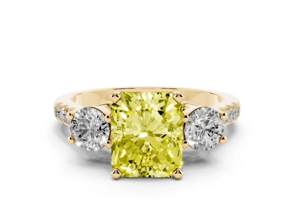 Fancy Yellow Three-Stone Radiant Cut Diamond Pavé Band with Four-Prong Setting Yellow gold