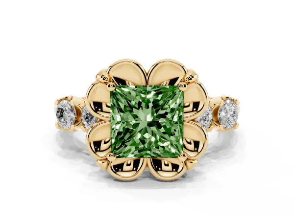 Fancy Green Princess Cut Cut Diamond Floral Halo Engagement Ring with Shared Prong Setting Yellow gold