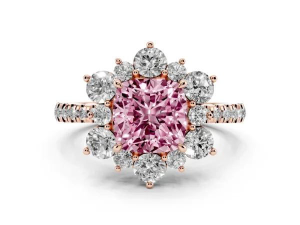 Fancy Pink Cushion Cut Diamond Floral Halo Ring with Round Pavé Band and Prong Setting Rose gold