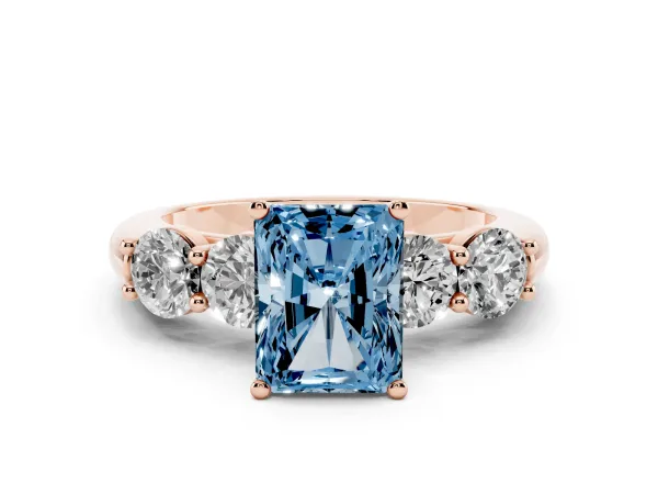 Fancy Blue Radiant Cut Cut Five-Stone Prong Set Diamond Ring with Classic Band Rose gold