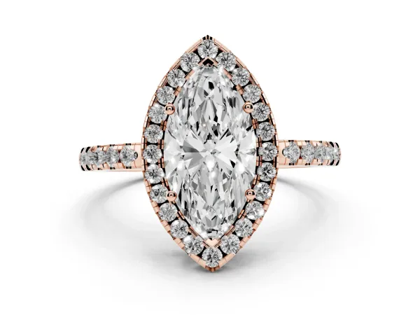 Marquise Cut Halo Diamond Engagement Ring with Pavé Band and Four-Prong Setting Rose gold