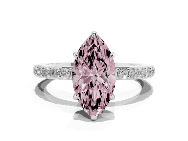 Fancy Pink Marquise Cut Diamond Pavé Engagement Ring with Round Accents and Prong Setting Platinum