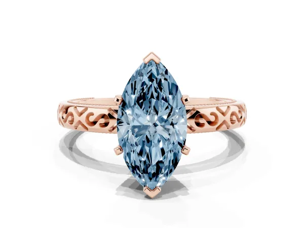 Fancy Blue Marquise Cut Solitaire Engagement Ring with Scrollwork Band and Four-Prong Setting Rose gold