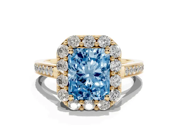 Fancy Blue Radiant Cut Diamond Floral Halo Ring with Pavé Band and Prong Setting Yellow gold