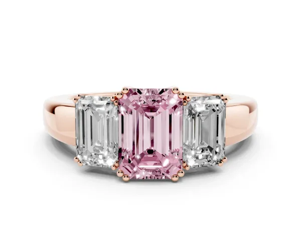 Fancy Pink Three-Stone Emerald Cut Cut Diamond Ring with Channel Set Band and Four-Prong Setting Rose gold