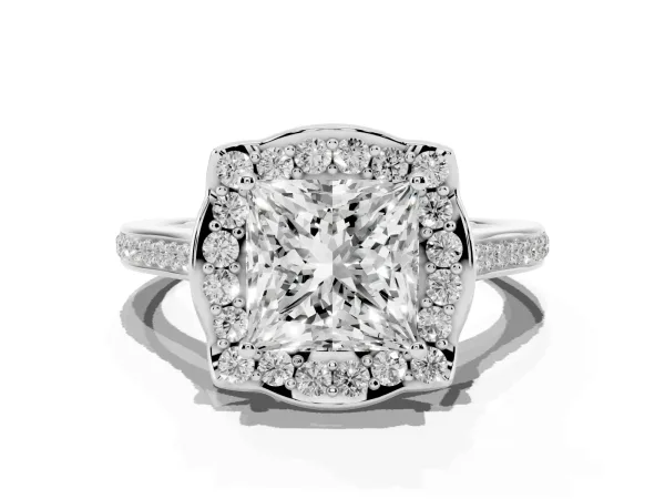 Princess Cut Halo Round Diamond Pave Band with Four-Prong Setting White gold
