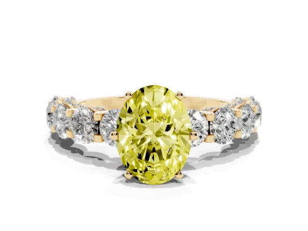 Fancy Yellow Oval Cut Diamond Side Stone Engagement Ring with Four-Prong Setting Yellow gold