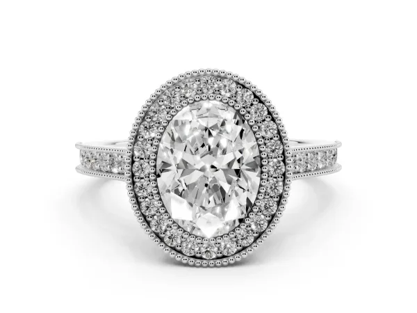Halo Oval Cut-Cut Diamond Pave Band Milgrain Prong Setting Ring Platinum