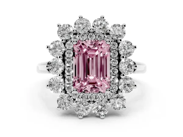 Fancy Pink Emerald Cut Diamond Floral Double Halo Engagement Ring with Prong Setting White gold