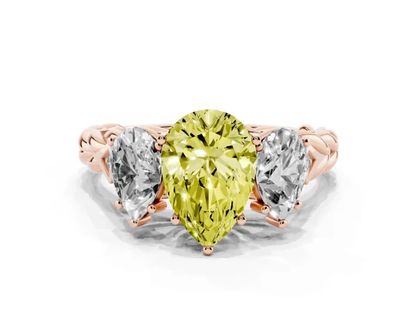 Fancy Yellow Three-Stone Pear Cut Diamond Braided Band Ring with Four-Prong Setting Rose gold