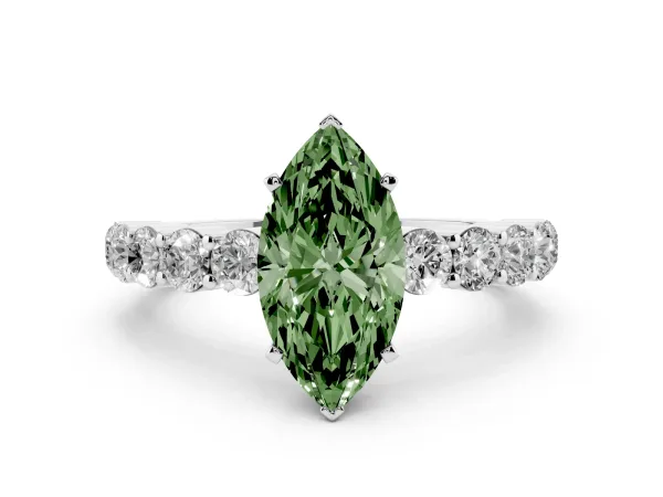 Fancy Green Marquise Cut Diamond Solitaire Ring with Shared Prong Round Side Stones Platinum