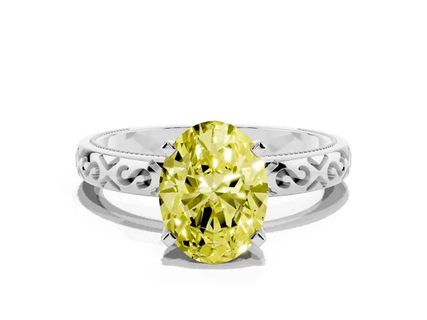 Fancy Yellow Oval Cut Solitaire Engagement Ring with Scrollwork Band and Four-Prong Setting Platinum
