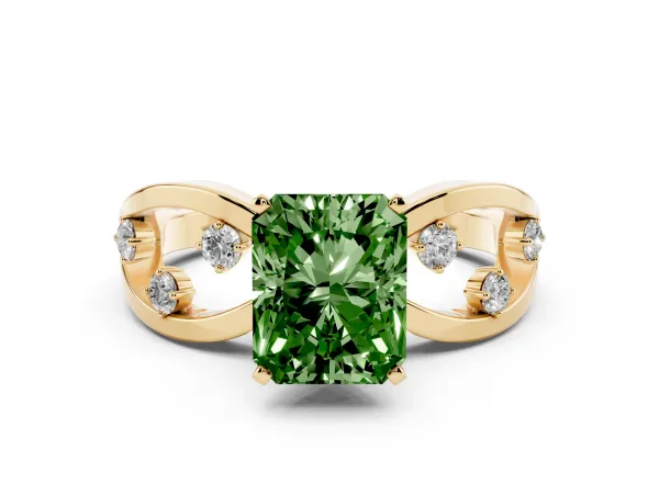Fancy Green Radiant Cut Cut Solitaire Diamond with Side Stones on Criss-Cross Band and Four-Prong Setting Yellow gold
