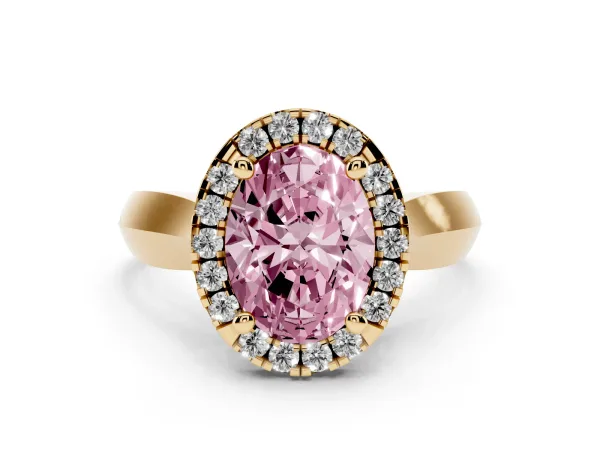 Fancy Pink Oval Cut Cut Halo Solitaire Engagement Ring with Square Band and Four-Prong Setting Yellow gold