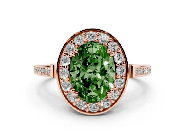 Fancy Green Oval Cut Diamond Halo Ring with Split Shank and Four-Prong Setting Rose gold