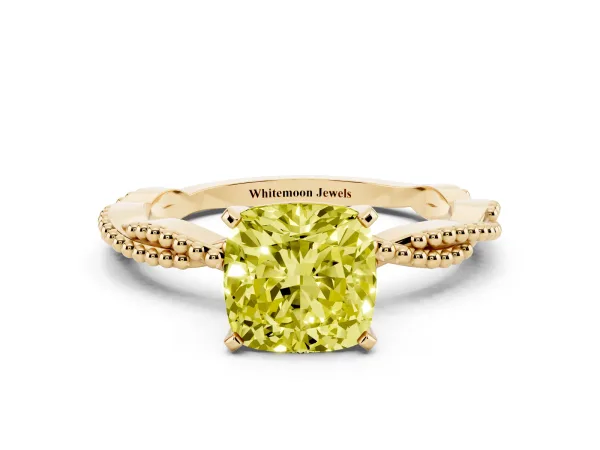 Fancy Yellow Cushion Cut Solitaire Twisted Band with Bead Prong Setting Yellow gold