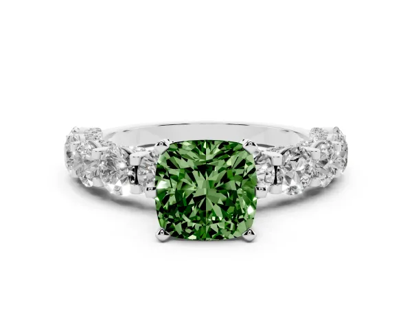 Fancy Green Cushion Cut Diamond Side Stone Engagement Ring with Four-Prong Setting Platinum