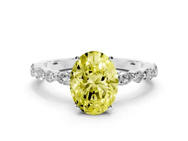 Fancy Yellow Oval Cut Diamond Ring with Marquise and Round Side Stones and Four-Prong Setting White gold