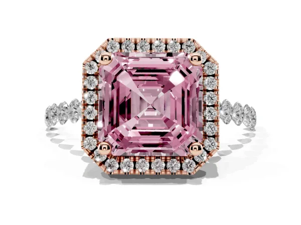 Fancy Pink Asscher Cut Halo Pavé Diamond Engagement Ring with Four-Prong Setting Rose gold