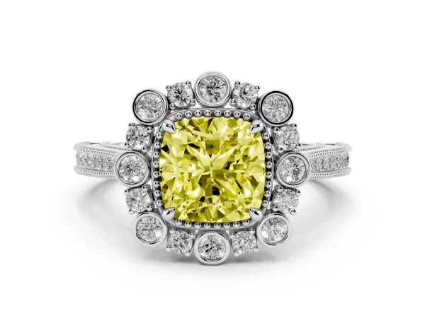 Fancy Yellow Cushion Cut Halo Milgrain Pave Diamond Ring with Four-Prong Setting Platinum