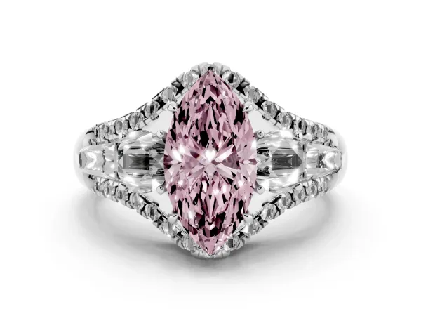 Fancy Pink Three-Stone Marquise Cut Diamond Engagement Ring with Pave Band and Prong Setting Platinum