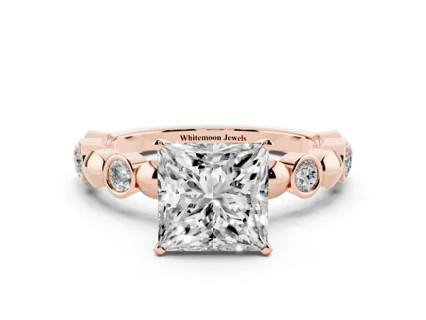 Princess Cut Solitaire Bezel-Set Diamond Ring with Beaded Band and Four-Prong Setting Rose gold