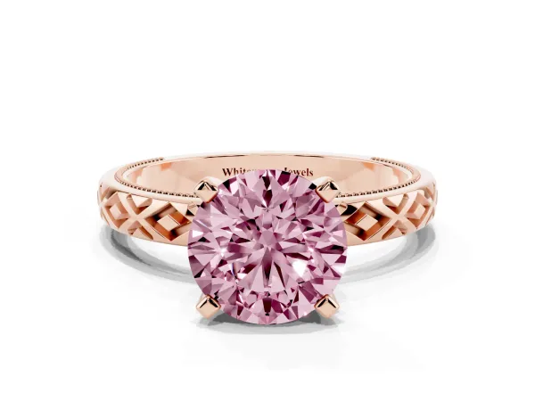 Fancy Pink Round Cut Solitaire Diamond Ring with Milgrain and Black Enamel X Pattern Band Rose gold